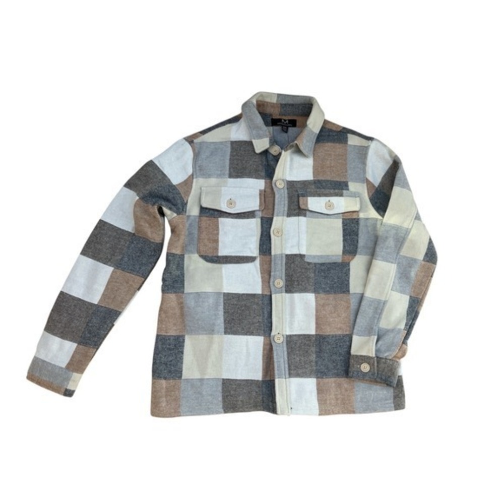 Magaschoni Womens Plaid Shacket Black Camel Ivory Button Front Shirt Jacket M - Picture 2 of 4